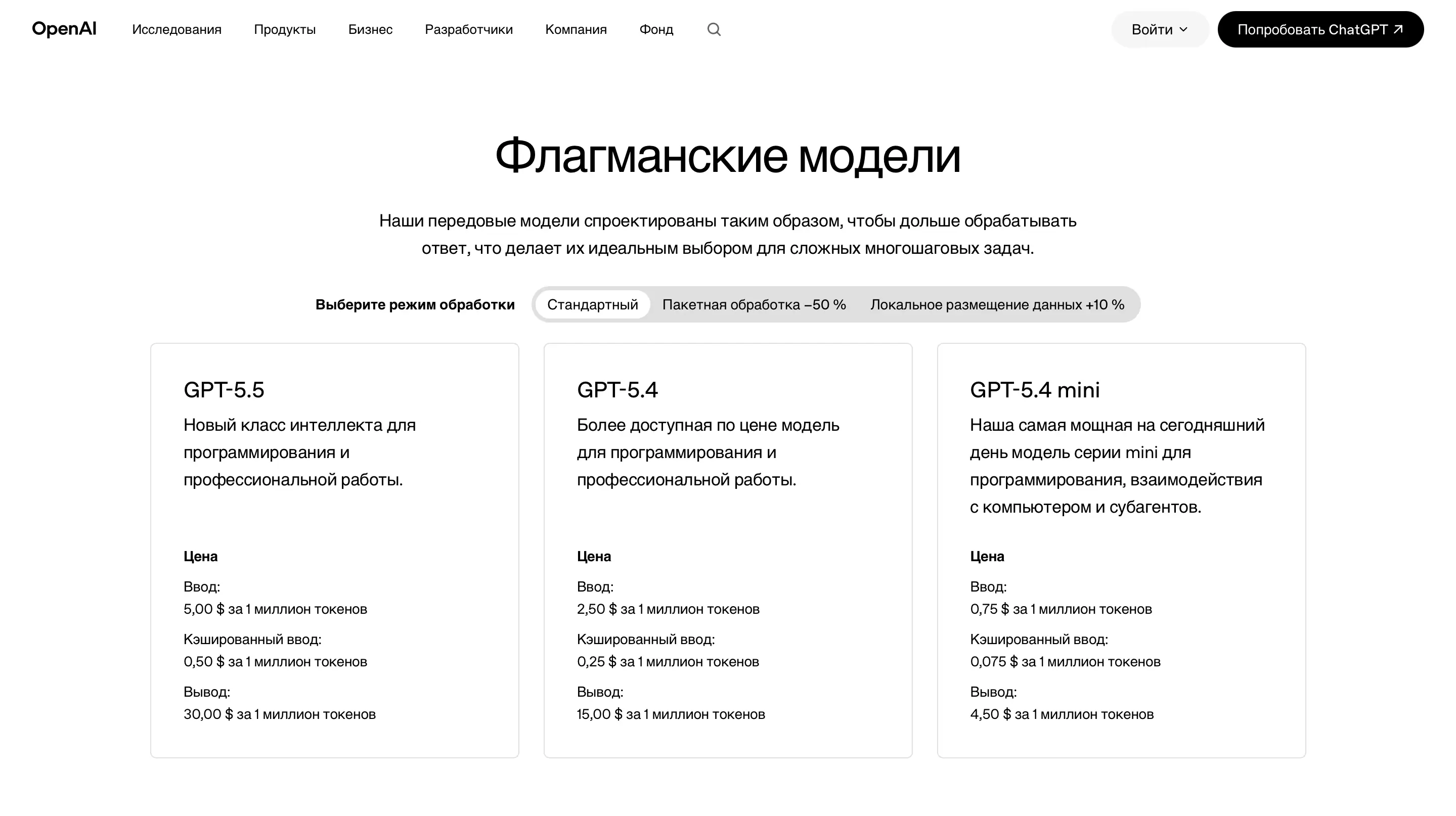 Тарифы OpenAI API: цена ввода, кэшированного ввода и вывода за миллион токенов