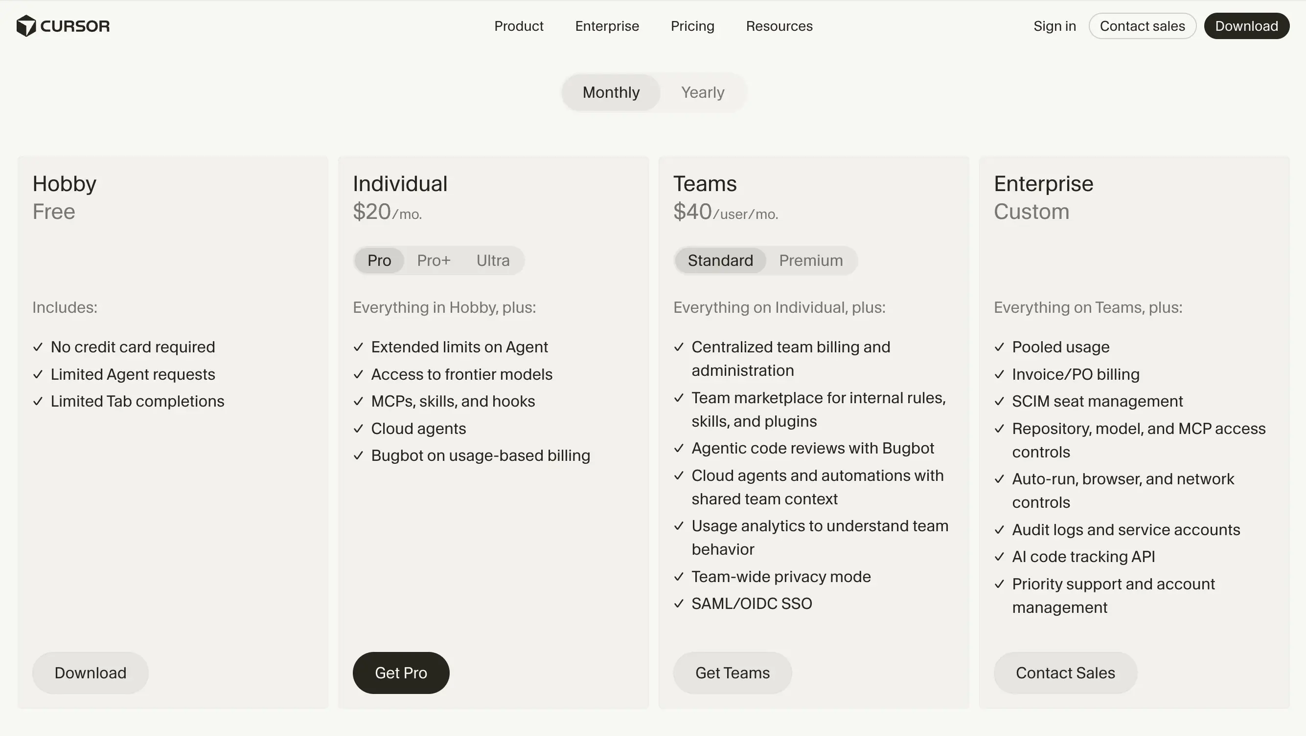 Тарифная сетка Cursor: планы Hobby, Individual, Teams и Enterprise